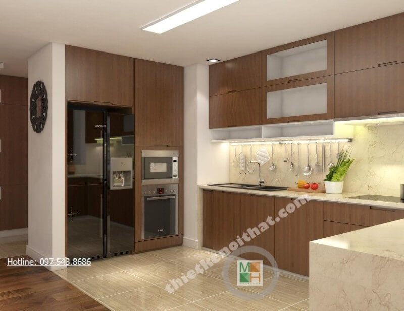 Tủ bếp chữ L gồm tủ bát và kệ gia vị mang đến một không gian bếp đầy đủ tính năng.