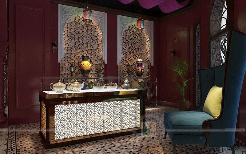 Showroom Saffron được thiết kế để tạo nên ấn tượng sống động. Bức tường, mái vòm được làm bằng nhiều loại đá màu óng ánh, kết hợp với ánh sáng từ những ngọn đèn chùm, tạo nên một khung cảnh lộng lẫy.