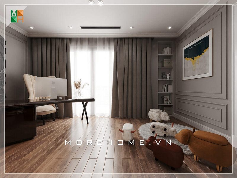 Bàn làm việc hiện đại bằng gỗ, được trang trí bởi những chiếc ghế sofa bọc nỉ hình thú xinh xinh, mang lại cảm giác thoải mái cho không gian căn phòng làm việc.